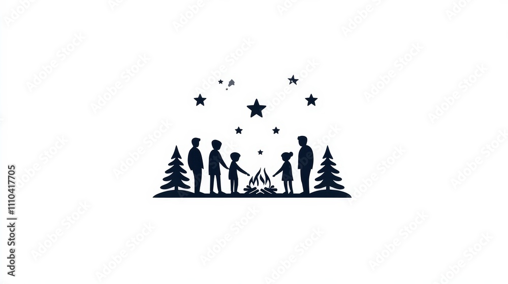 Family Camping by Campfire Under Stars with Trees and Silhouettes Family Camping by Campfire Under Stars with Trees and Silhouettes