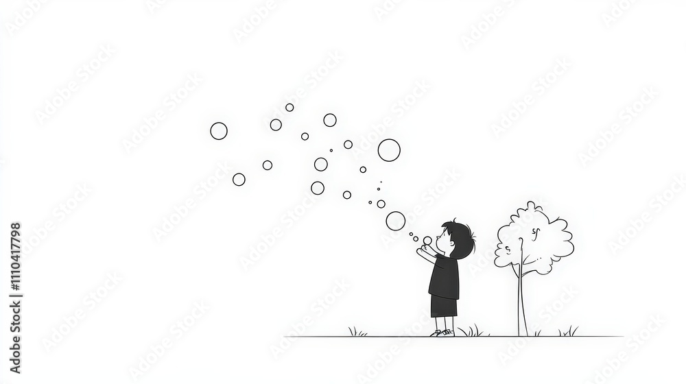 Child Blowing Bubbles in a Minimalist Black and White Illustration Child Blowing Bubbles in a Minimalist Black and White Illustration