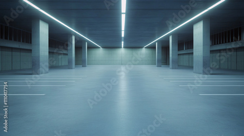 A large, empty car park bathed in uniform, cool-toned lighting. The concrete floor is spotless, with white parking lines stretching into the distance. Support pillars and ventilation ducts in the