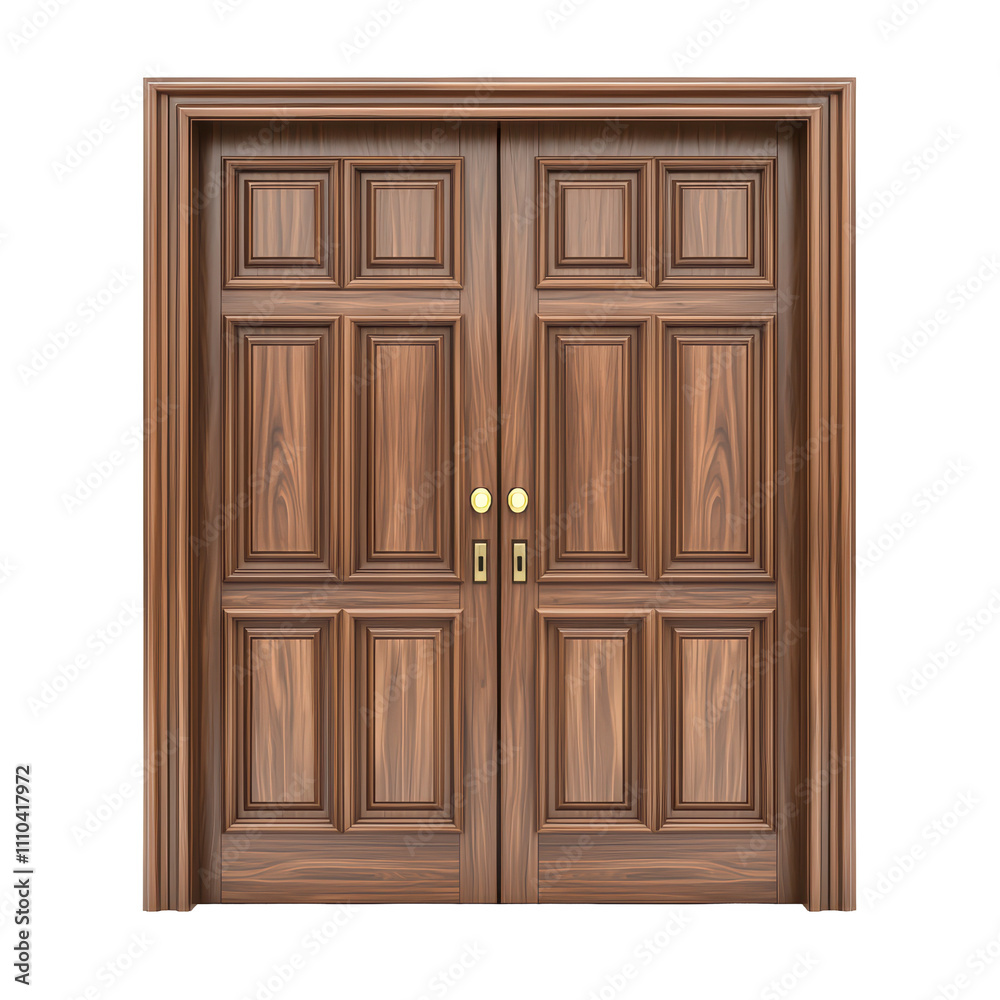 Elegant wooden double doors with intricate paneling and golden handles isolated on transparent background Elegant wooden double doors with intricate paneling and golden handles isolated on transparent background