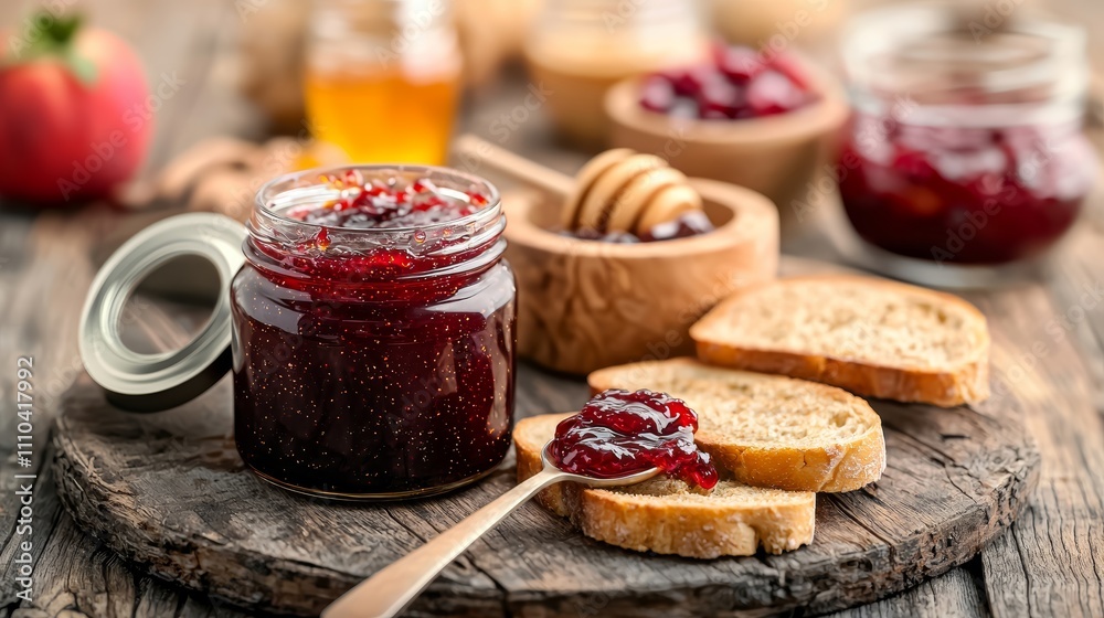 Sweet Homemade Jam on Rustic Bread, Honey Drizzle. A Delightful Breakfast Scene Sweet Homemade Jam on Rustic Bread, Honey Drizzle. A Delightful Breakfast Scene