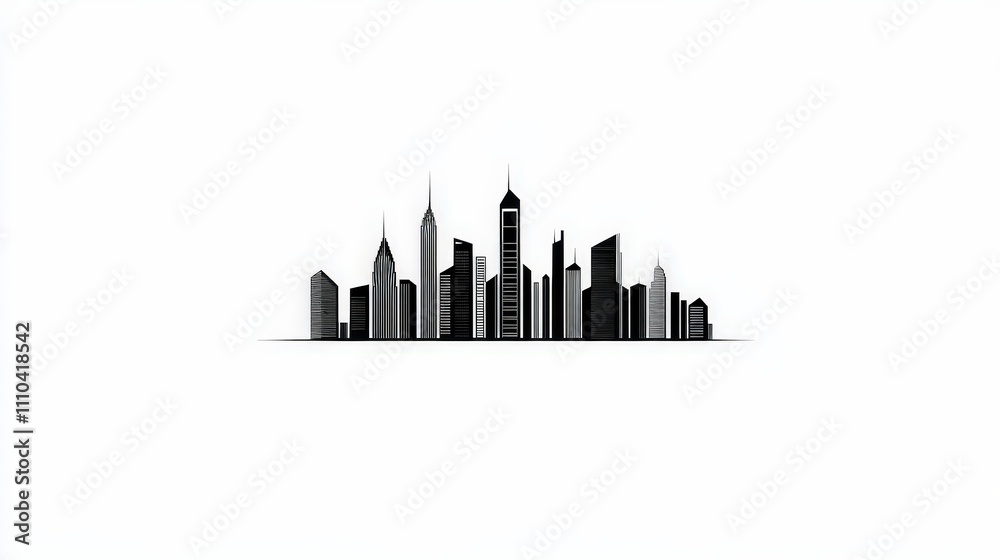 Fototapeta premium Black and White Skyline Silhouette of Urban Cityscape Illustration