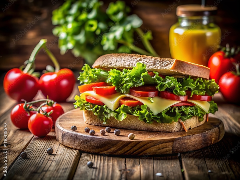 Tempting Sandwich Delight: A Close-Up of Fresh Lettuce, Juicy Tomato, and Melted Cheese Stacked Between Two Slices of Artisan Bread for a Mouthwatering Culinary Experience