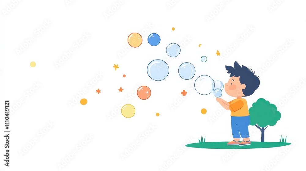 Fototapeta premium Joyful Child Blowing Bubbles in a Colorful Outdoor Setting