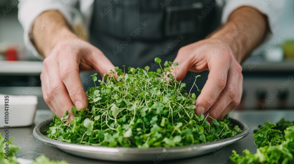 Culinary Artistry, Hands delicately arrange vibrant microgreens, a symphony of fresh greens Culinary Artistry, Hands delicately arrange vibrant microgreens, a symphony of fresh greens