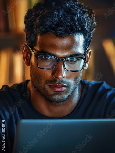 Young serious indian professional business man, focused ethnic male student wearing glasses working on laptop, remote studying using computer looking at screen watching seminar webinar at home office