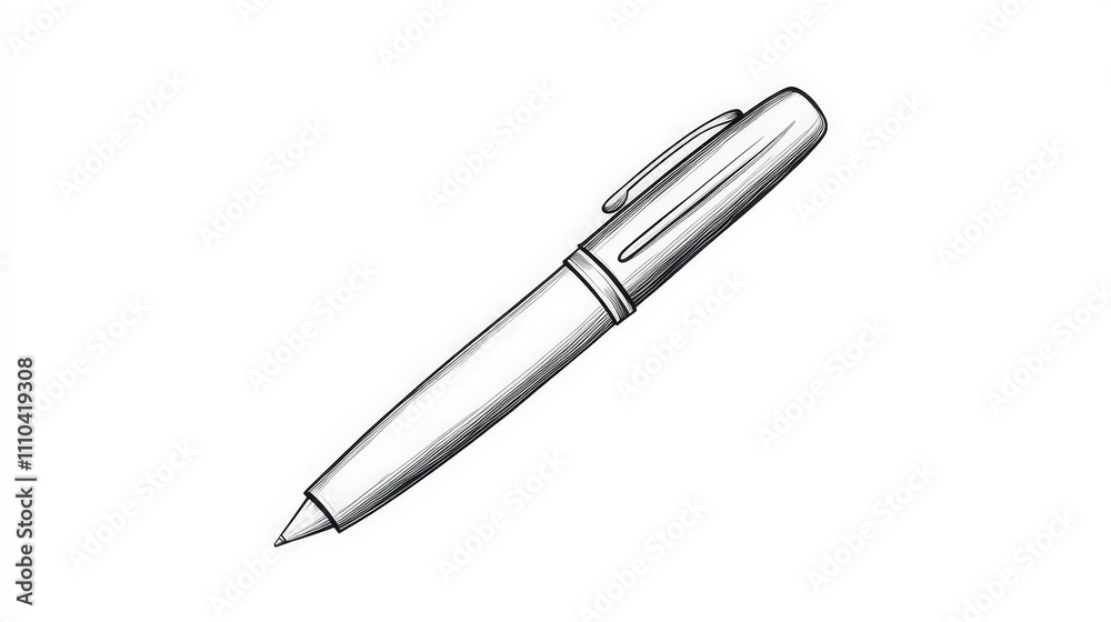 Simple Black and White Drawing of a Modern Ballpoint Pen on White Background Simple Black and White Drawing of a Modern Ballpoint Pen on White Background