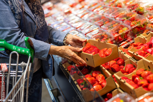 juicy red strawberries for sale in a supermarket with an older lady selecting a boxful