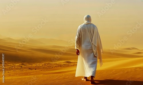 A figure walking through a vast desert landscape at sunset.