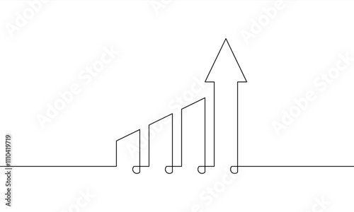Graph line art. Single line art of bar chart. Illustration vector of business growth icon. Continuous line drawing of increasing arrow up. Object one line sign symbol