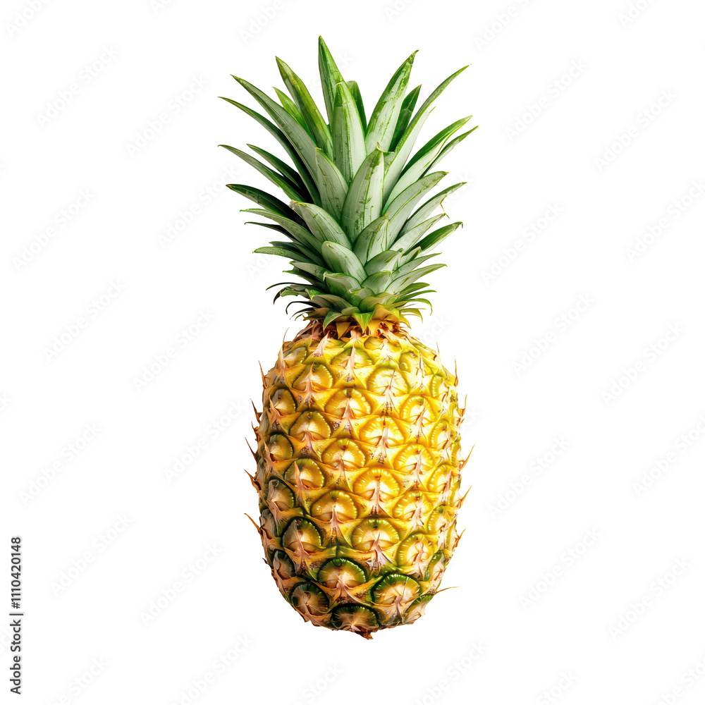 Fototapeta premium Fresh pineapple with vibrant green leaves and textured yellow skin isolated on transparent background