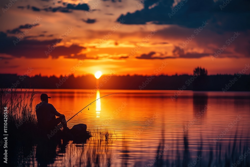 Fishing on the lake at sunset. Fishing background.