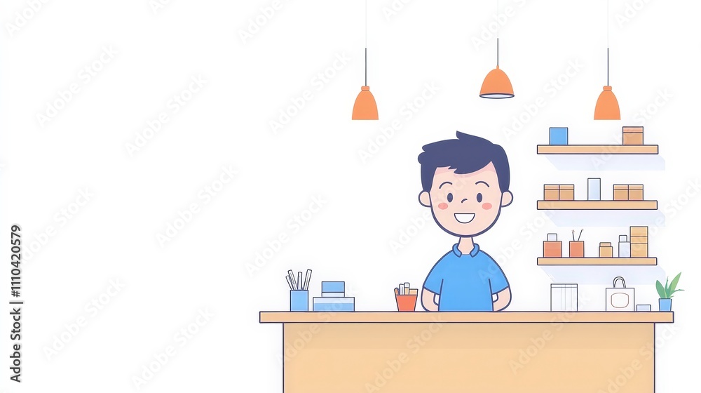 Friendly Shopkeeper Behind Counter in Minimalist Store Design Friendly Shopkeeper Behind Counter in Minimalist Store Design