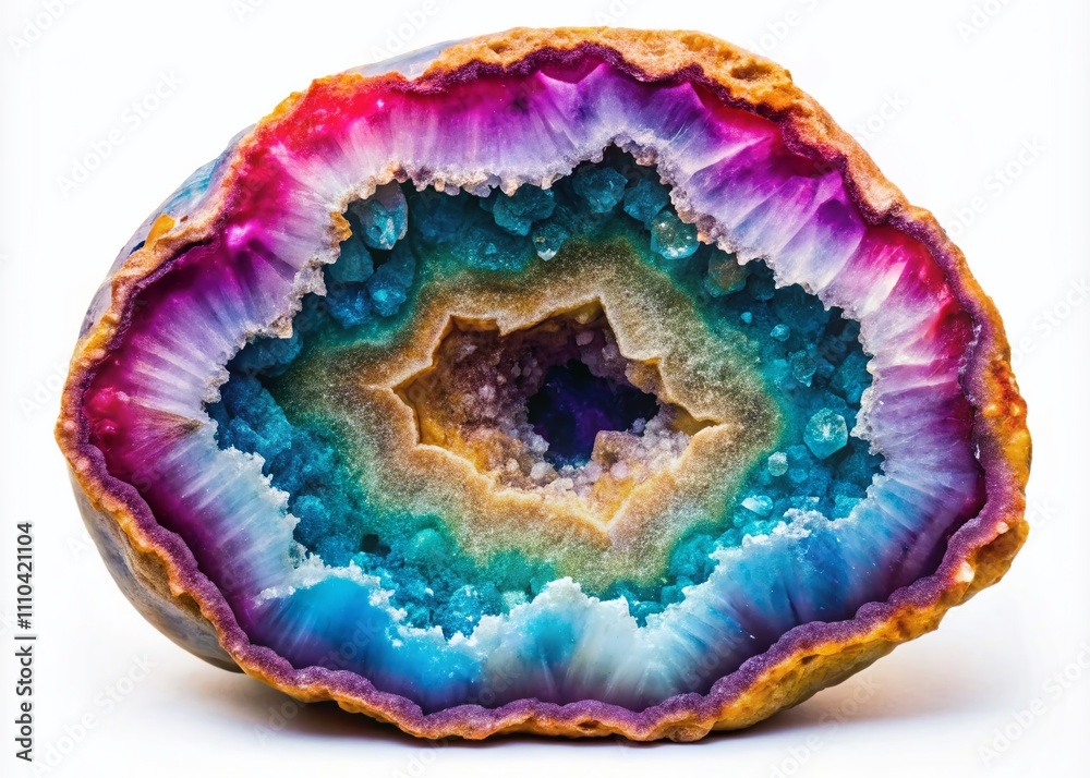 Top View of a Stunning Crystal-Filled Geode Rock Isolated on a White Background Showcasing Nature's Beauty and Geological Wonders