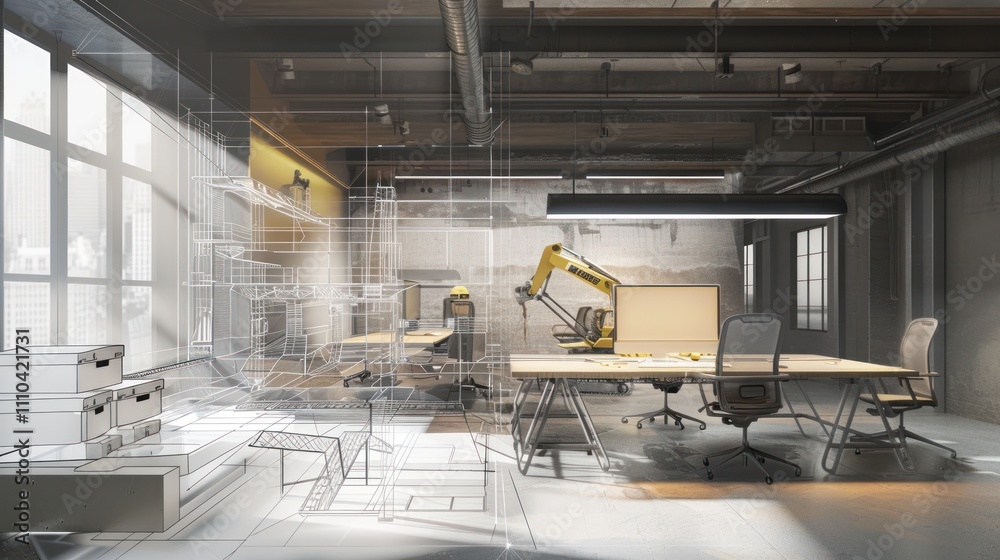 Naklejka premium Architect Workspace Design inside construction site office, AI generated image