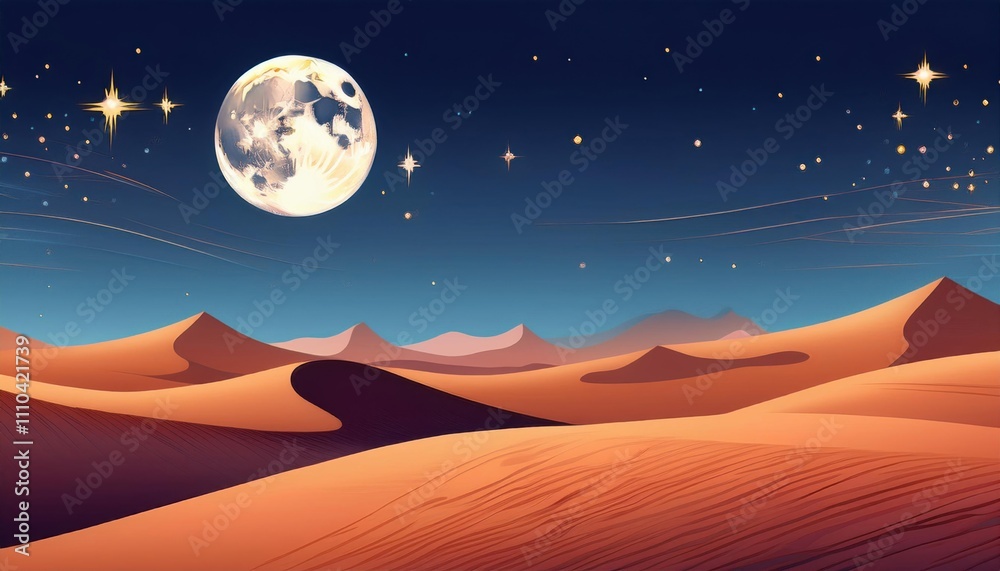 Naklejka premium A serene desert landscape under a starry night sky, featuring rolling sand dunes and a bright full moon illuminating the scene.