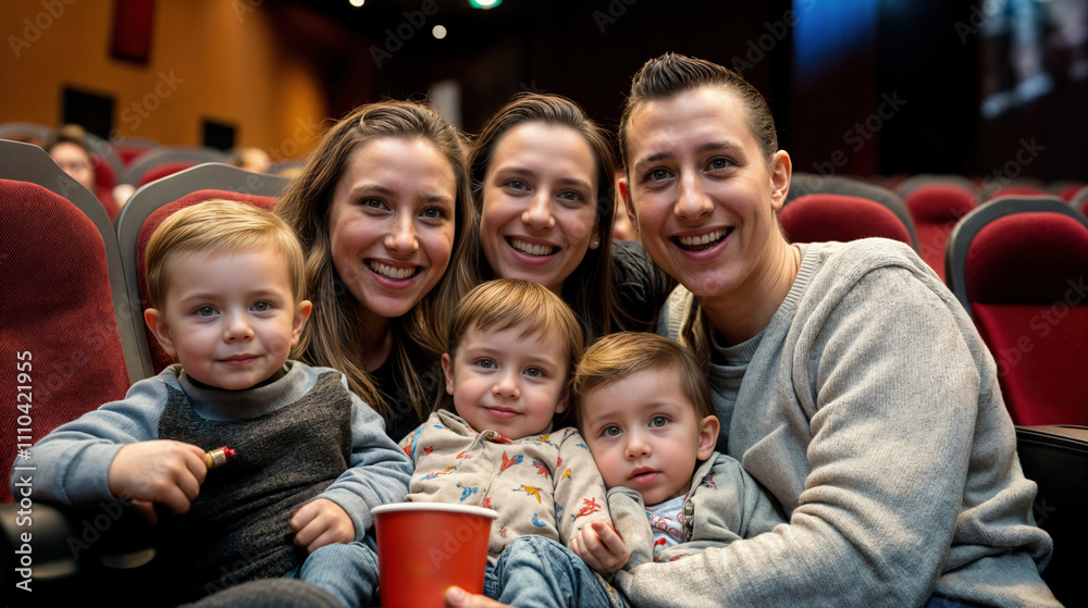 Family, including three young children, sitting in a movie theater. They are smiling and appear to be enjoying their time together. Family, including three young children, sitting in a movie theater. They are smiling and appear to be enjoying their time together.