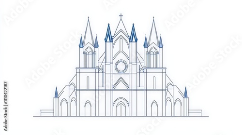 Architectural Line Drawing of a Gothic Cathedral Structure Design