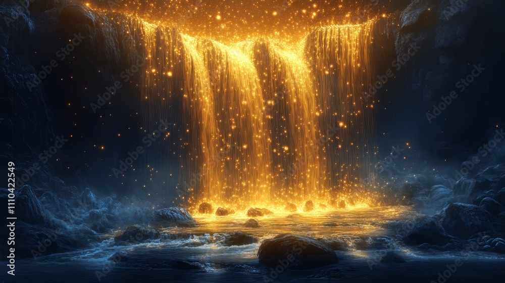 Glowing waterfall cascading into pool.