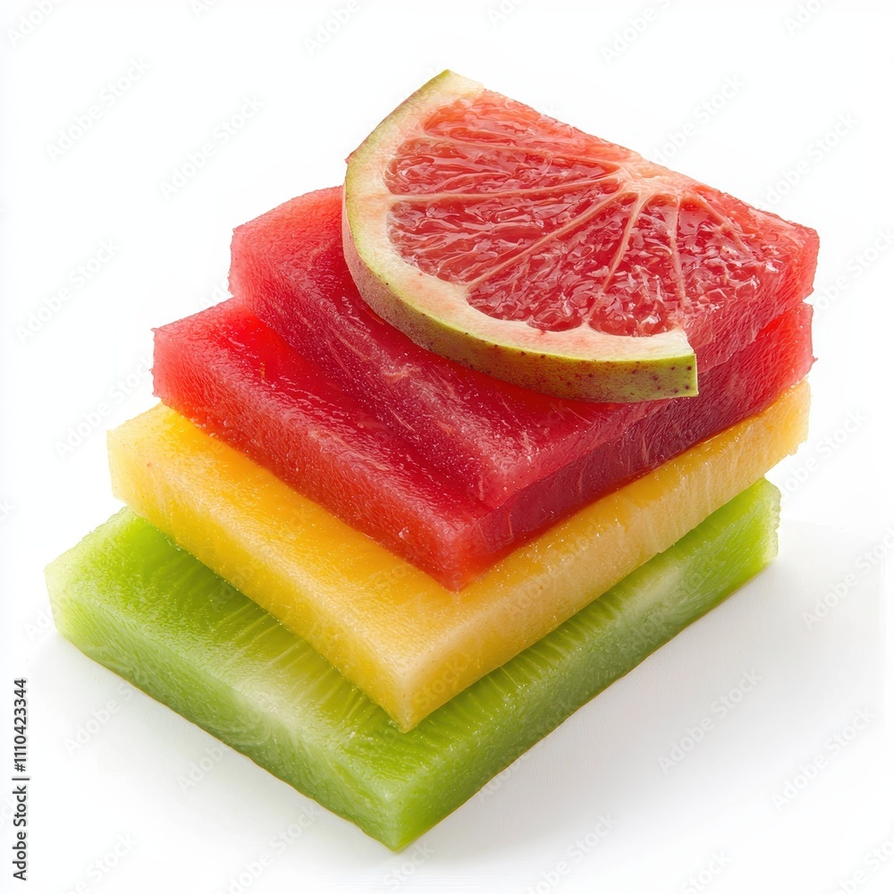 Colorful stacked slices of fruit on white isolated background. flexitarian food concept Colorful stacked slices of fruit on white isolated background. flexitarian food concept