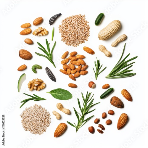 Variety of nuts and seeds arranged on a white background. flexitarian food concept