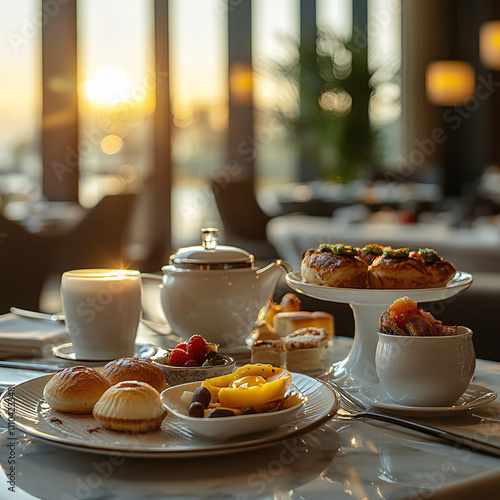 Luxurious Breakfast Table with Fresh Pastries, Eggs, Fruits, Coffee, and Juice in a Bright and Inviting Setting, Perfect for Hospitality and Lifestyle Themes photo