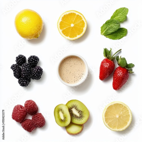 Fresh fruits and herbs arranged on a white background, colorful and appealing. flexitarian food concept photo