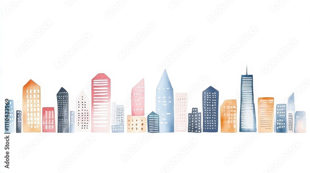 Fototapeta premium Vibrant Watercolor Cityscape Illustration with Colorful Buildings