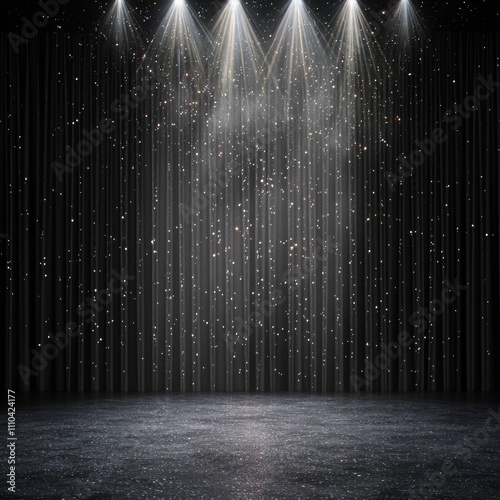 Dramatic Stage Lighting with Sparkling Dust and Dark Curtains