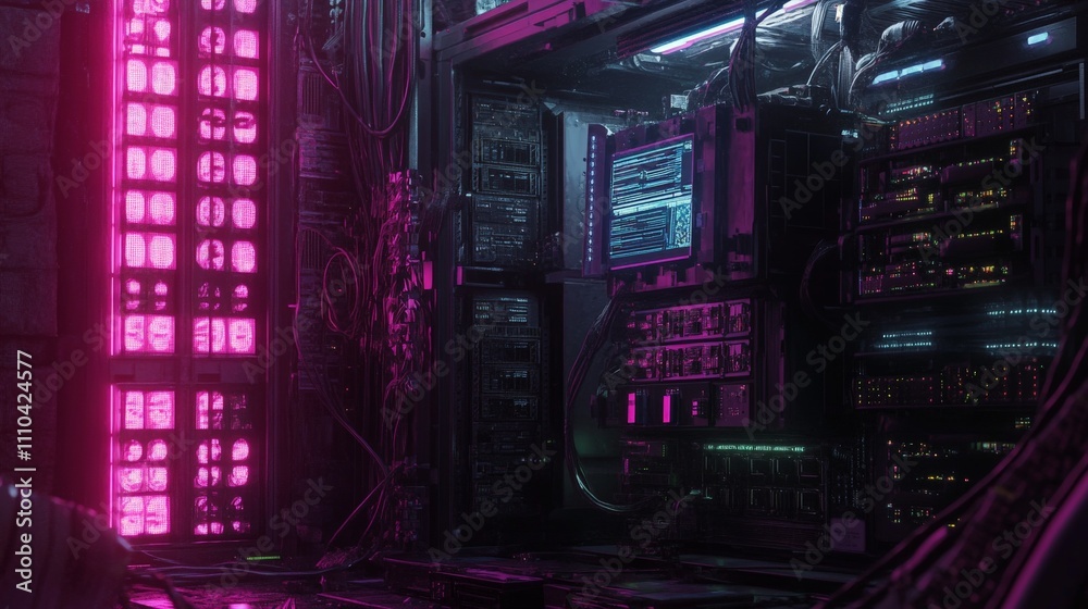 Vibrant Digital Tech Lab with Cryptocurrency Mining Rigs Vibrant Digital Tech Lab with Cryptocurrency Mining Rigs