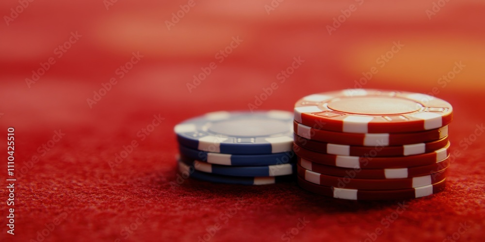 Close-up of Red and Blue Poker Chips Stacked on a Red Felt Table, Gambling Game Equipment