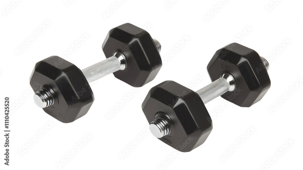 Fitness equipment including two dumbbells and a barbell isolated on a white background, representing strength training, muscle building, and healthy lifestyle