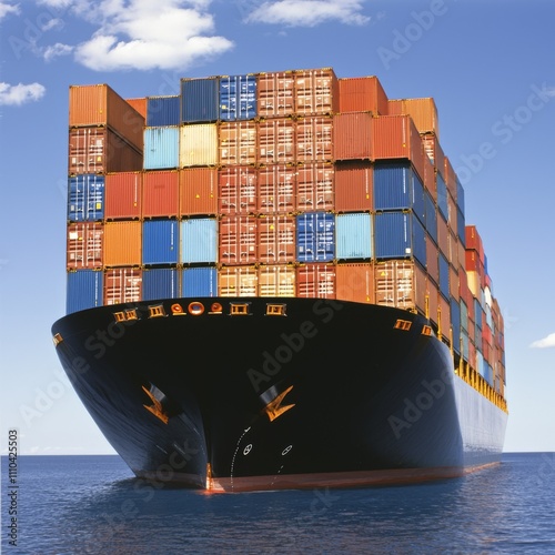 Large container ship at sea, carrying colorful cargo containers under a blue sky.
