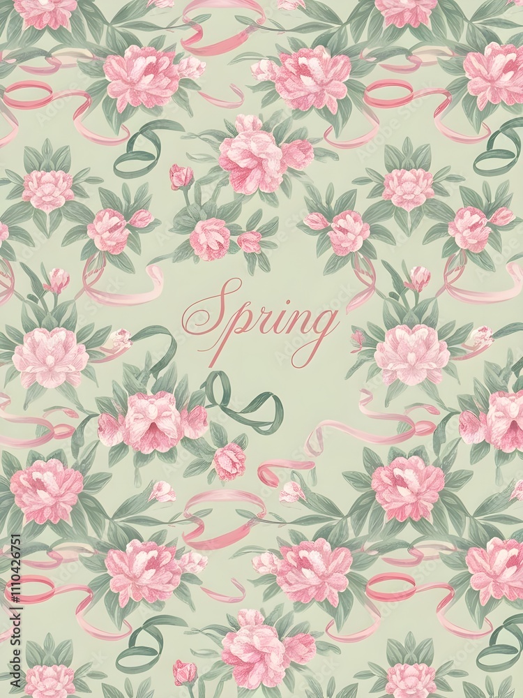 custom made wallpaper toronto digitalSoft pastel pattern of pink flowers and green leaves. floral and vibrant