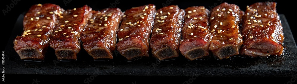 A row of beautifully glazed, grilled meat ribs garnished with sesame seeds, presented elegantly on a dark surface.