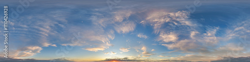 pink blue evening sky hdri 360 panorama view with zenith and awesome clouds before sunset for use in 3d graphics as sky dome or edit drone shot as sky replacement photo
