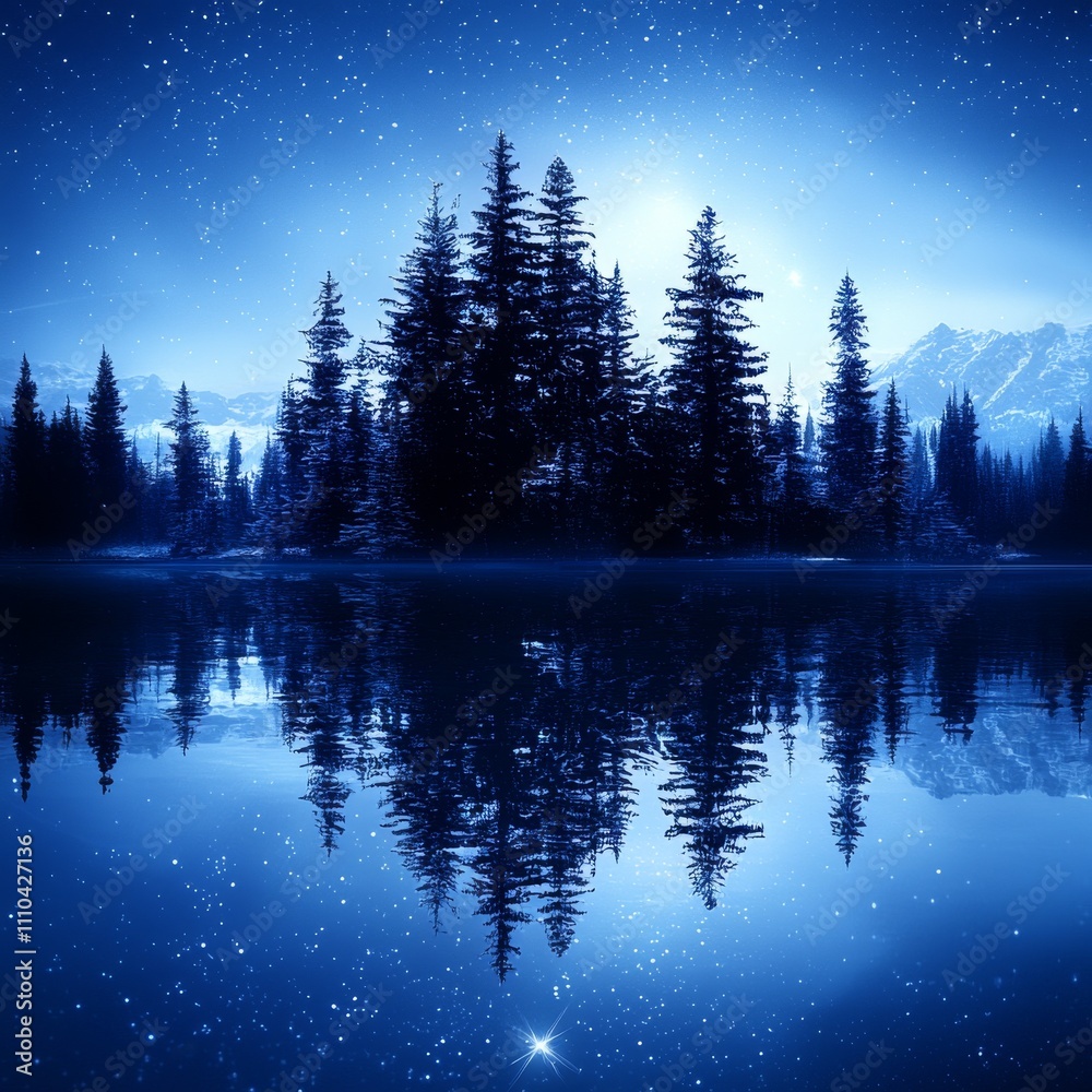 Obraz premium Serene Night Reflection of Pine Trees on a Still Lake Under a Starry S