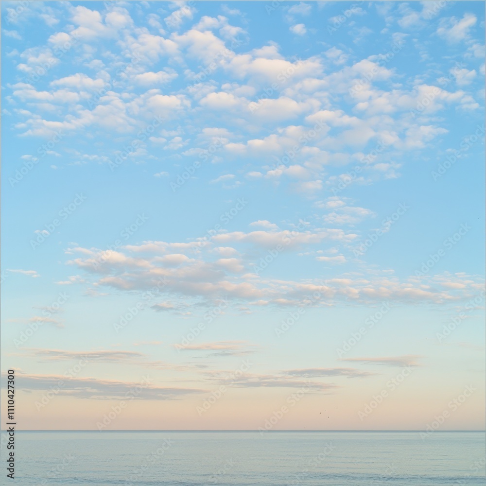 Fototapeta premium Serene seascape at dawn, pastel sky, calm ocean.