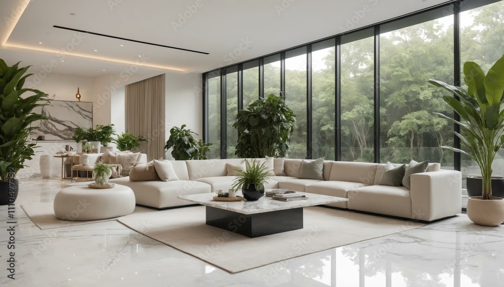 A modern, minimalist living room with a large sectional sofa, marble floors, and floor-to-ceiling windows overlooking a lush green landscape.
