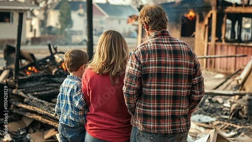 Family watching burning house after natural disaster with sadness
