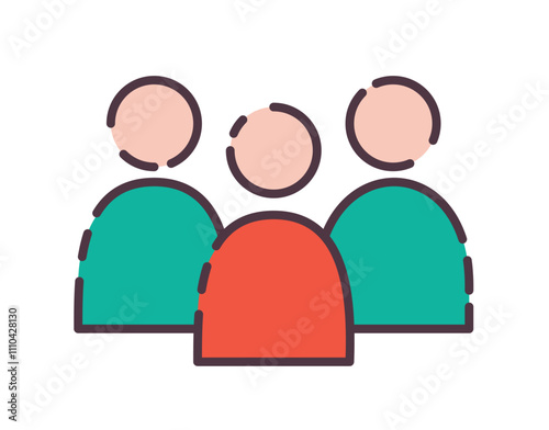 Flat line color icon of illustrative icon depicting a group of three individuals symbolizing teamwork and collaboration. Colored Outline Icons.