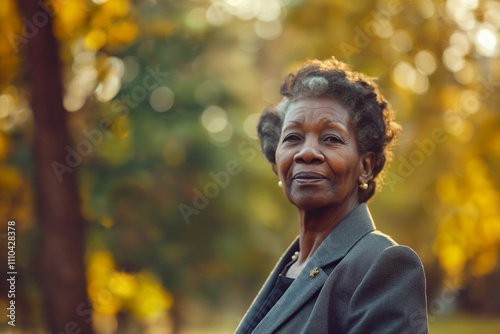 Portrait of mature African American woman in autumn park with golden light