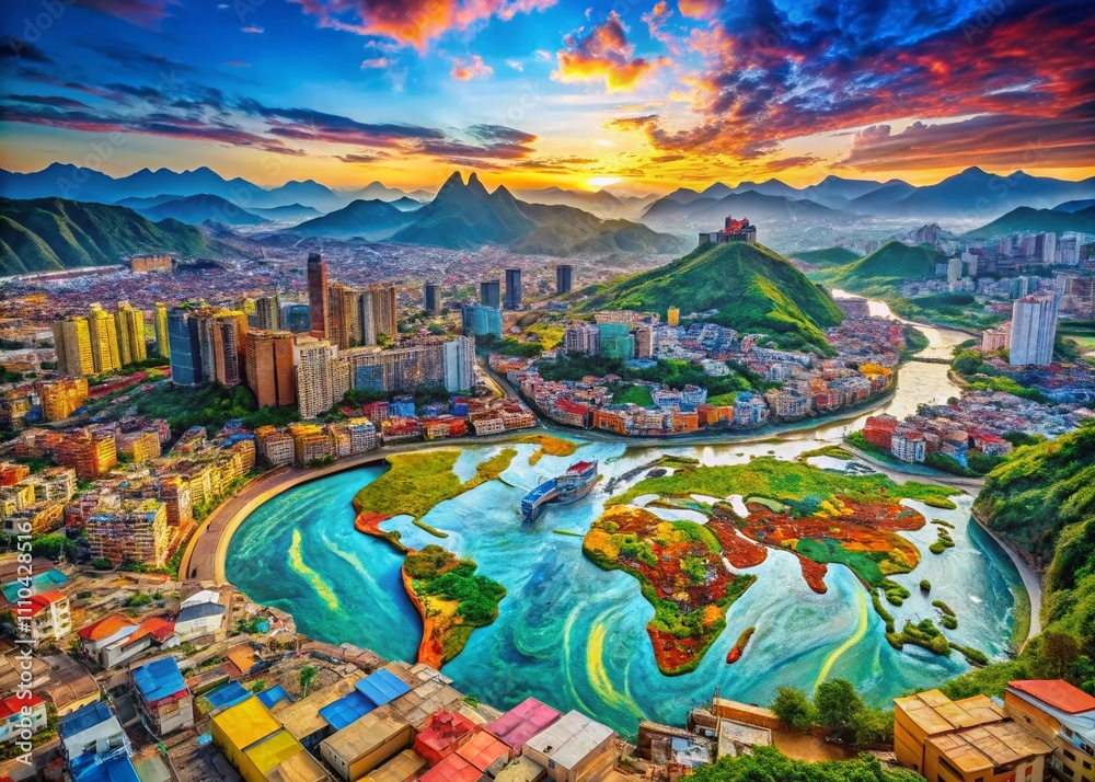 Obraz premium Urban Exploration Photography of a World Topography Map Featuring Diverse Landscapes, Mountain Ranges, and Geological Patterns in an Urban Setting, Capturing the Essence of Cartography