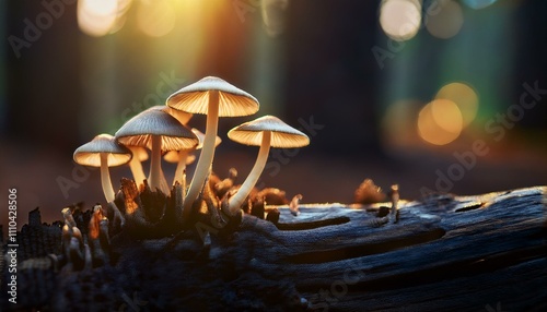 mushrooms in the forest, close up photo of mushrooms growing on moist, wet soil in the forest photo