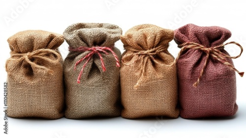 Miniature festive sacks with strings on white background. Generative AI