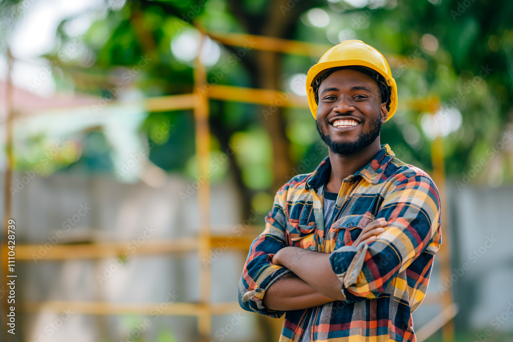 Smiling African American male construction worker in plaid shirt outdoors Smiling African American male construction worker in plaid shirt outdoors