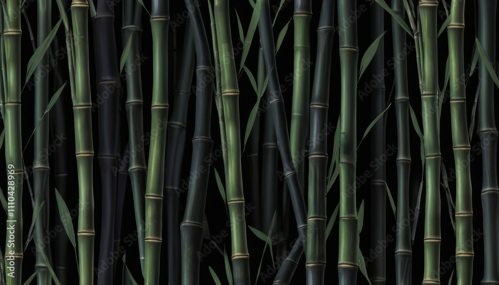 Fototapeta premium Close-up view of bamboo stalks in varying shades of green and black, creating a rich and moody atmosphere