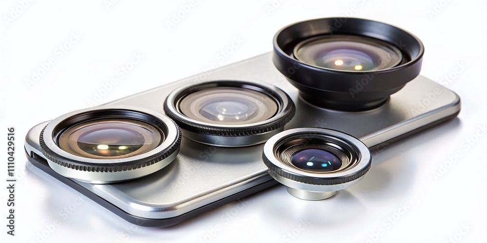 Versatile Smartphone Camera Lens Set Featuring Macro, Wide Angle, and Fish Eye Lenses with Clip Mounts on a Clean White Background for Mobile Photography Enthusiasts Versatile Smartphone Camera Lens Set Featuring Macro, Wide Angle, and Fish Eye Lenses with Clip Mounts on a Clean White Background for Mobile Photography Enthusiasts