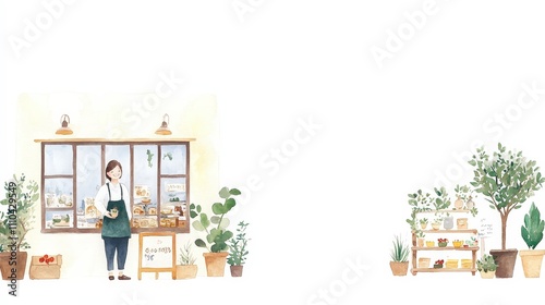 Charming illustration of a woman at a cozy bakery shop interior