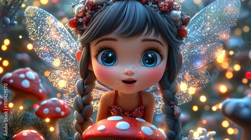 Enchanting Fairy Amidst Glowing Mushrooms and Magical Sparkles